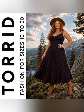 Torrid Navy Blue & Brown Plaid Cotton Maxi Slip Dress, Large, NWT!